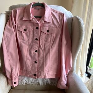Peach Denim jean jacket with brass button detail.  Size 14W.